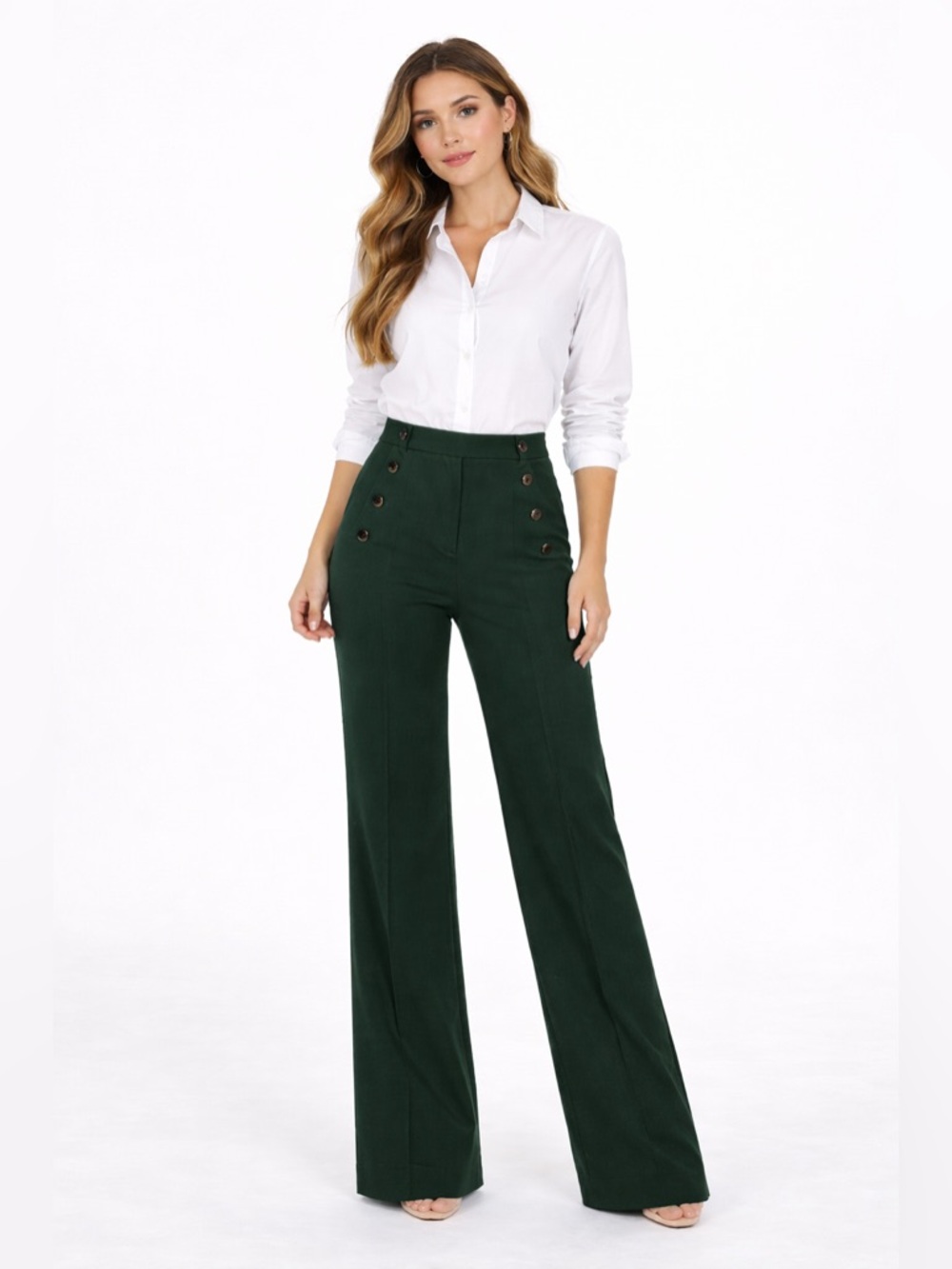 Rachel Zoe Hi-Rise Flare Leg Sailor Button Trousers Office Polished Pull On